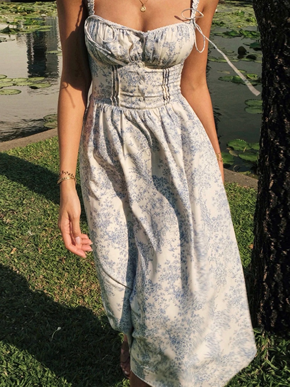 COMMENSE Blue Floral Bustier Midi Dress